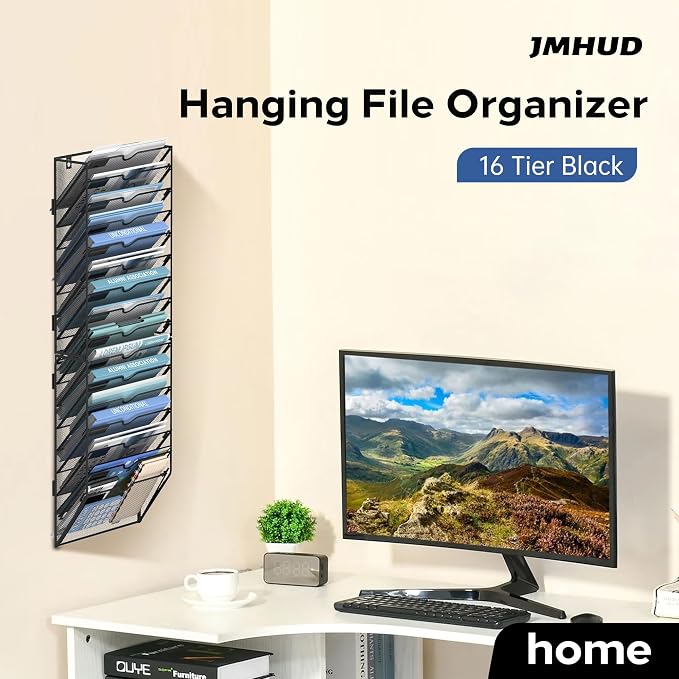 16 Tier Wall Hanging File Organizer, Paper Folder Holder Wall Mounted, Metal Mail Sorter for Office Home School, Black