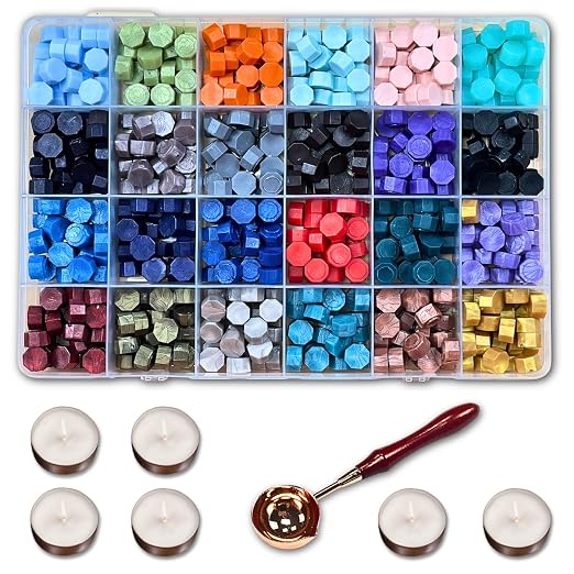 xxxHOLIC 620 Pcs Sealing Wax Beads Kit, 24 Colors with 1 Spoon & 6 Candles | Crack-resistant, smokeless wax beads melt smoothly for glossy seals on invitations, envelopes, gift wrapping and DIY crafts.