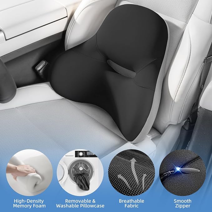 BEBAS Ergonomic Memory Foam Lumbar Support Pillow for Car & Office | Wraparound Side Wings for Back Support, Lumbar Cushion with Fixed Ring, Breathable Washable Cover, Fits Driving, Work, Black