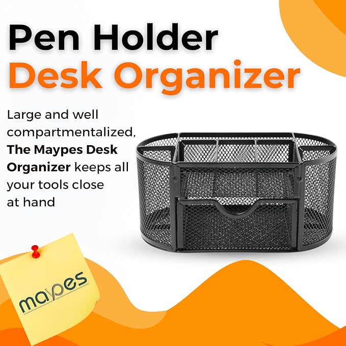 Pen Holder Desk Organizer – 9-Compartment Pencil Holder Desk Organizer with Drawer Tray – Desktop Organizer for Office Supplies and Stationery – Pen Holder for Home, Office, School - Black