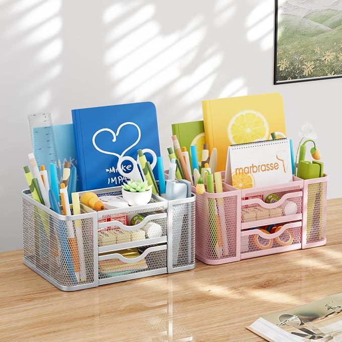 Marbrasse Mesh Desk Organizer, Pen Organizer with 2 Drawer, Multi-Functional Pencil Holder, Desk Organizers and Accessories with 5 Compartments + Drawer for Office Art Supplies (Silver)