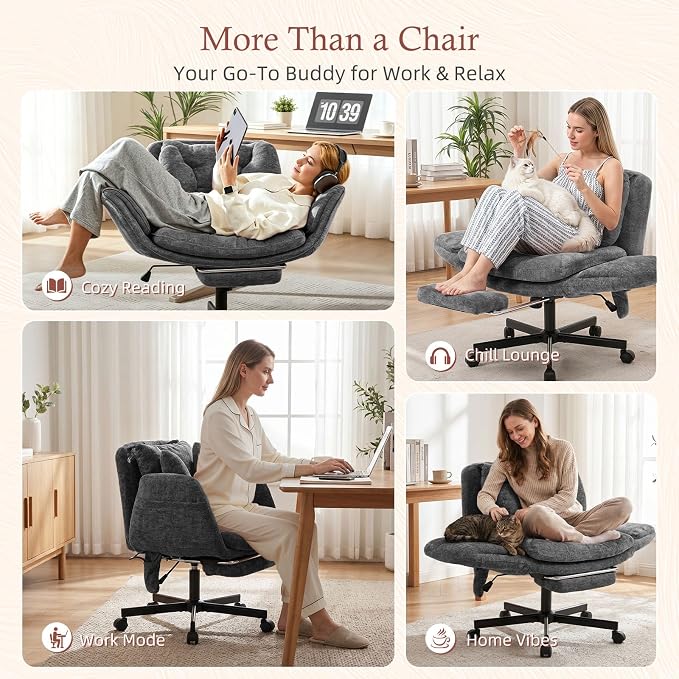 Criss Cross Office Chair with Footrest and 5-Gear Adjustable Arms, Grey | Wide seat cross-legged desk chair, flip lumbar pillow, airbag support, chenille fabric, for home office vanity and meditation