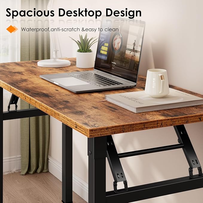 Need 35.8 Inch Folding Desk for Small Spaces, Home Office Computer Desk with Wood Top & Black Frame, Foldable Writing Table for Study, Bedroom, Dorm Room & Student, Rustic Brown