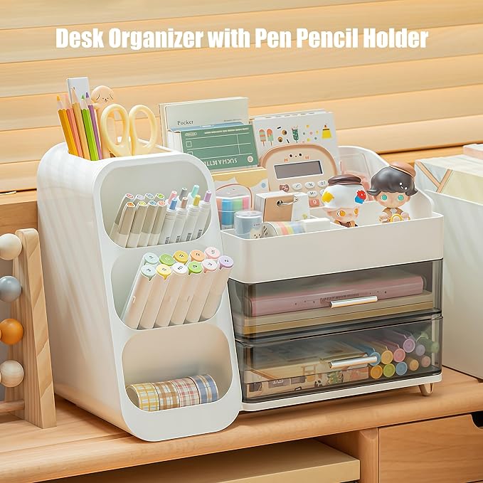 Desk Organizer with Pen Pencil Holder, Pen Organizer with 2 Drawers & 4 Compartments, Desktop Organizers and Storage for Office Home School Art Supplies (Green)