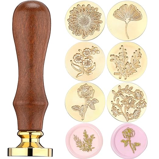 Chrisfall 6 Pcs Wflower Wax Seal Stamp Set with Removable Wooden Handle Floral Stamps Botanical Sealing Stamper Kit for Wedding Party Invitation, Gift Packaging, Envelope, Cards(Fresh Style)