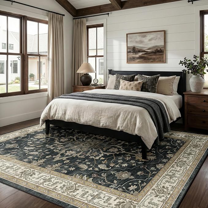 RELEANY Area Rugs 8'x10' Washable Non-Slip, Floral Vintage Distress Medallion Carpet for Living Room Bedroom Dining Room, Vintage Black Brown Neutral