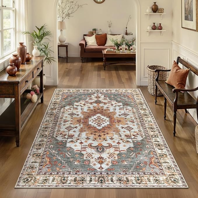 Tangsoo Area Rug 3x5 Bedroom Rug, Washable Vintage Rugs Indoor, Non Slip Accent, Print Distressed Turmeric Carpet, Soft Low Pile Rug for Living Room Dorm Bedroom Bedside Entryway Bathroom