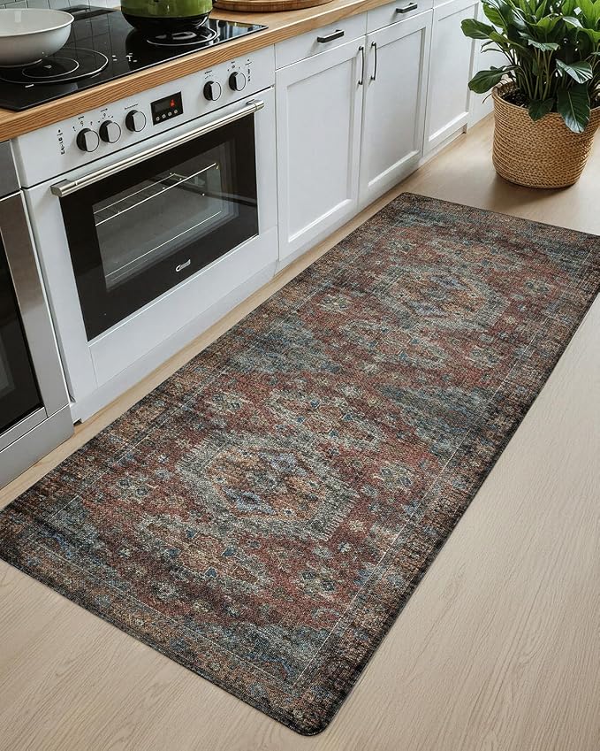 Color&Geometry Kitchen Floor Mat 24x59 Faded Boho Anti Fatigue,Dark Red | 0.4in Cushion Standing Mat For Cooking/Working/Laundry, Boho Decor, Non Slip PVC Kitchen Rug, Oil/Water Proof, Anti Slip