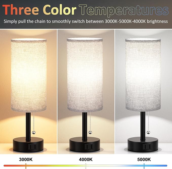Fenmzee Grey Bedside Table Lamps Set of 2-3 Color Temperatures Pull Chain Lamp with AC Outlet Charging Port, Round Night Stand Lamps for Bedroom Office, Small Bed Side Light with E26 LED Bulbs