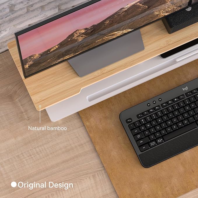 42.5" Dual Monitor Stand Riser with Phone Holder Desk Shelf White | Double Computer Monitor Stand for 55-72" Desk Wood Storage Organizer Cozy Computer Setup Workplace Organizer Keyboard Storage