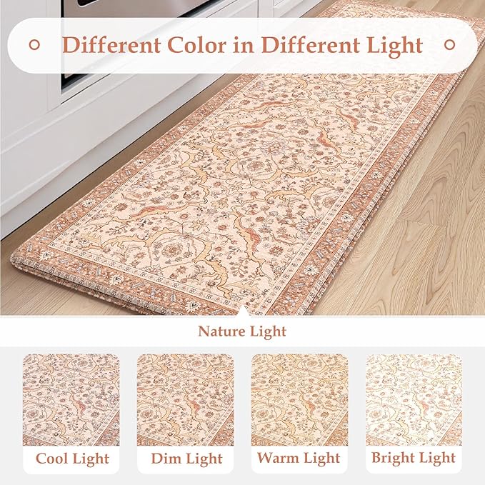 KIMODE Anti Fatigue Kitchen Mats for Floor, Boho Vintage Kitchen Rugs Sets of 2, Kitchen Floor Mats Cushioned Non Slip, Khaki Memory Foam Standing Mats for Laundry Office Sink Desk 17"x47"+17"x29"