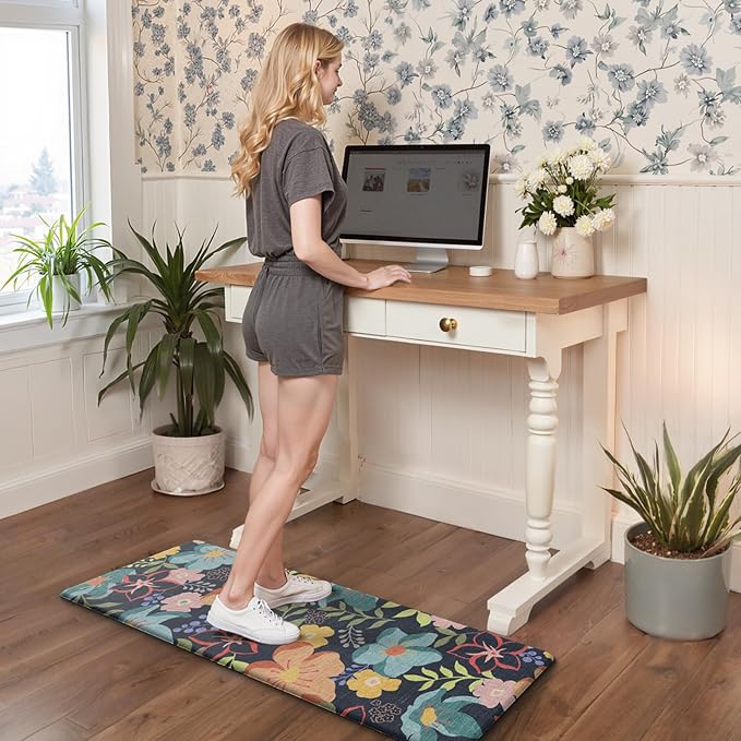 GENIMO Anti Fatigue Kitchen Mats for Floor 2PCS, Cushioned Standing Mats | 17.3"x47"&17.3"x30", Light Black vintage floral rug set, waterproof, non slip, easy-clean for farmhouse