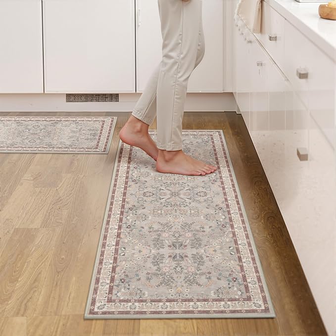GRANNY SAYS Boho Kitchen Rug Sets of 2, Non Slip Washable Faux Wool Kitchen Mats for Floor, Thick Soft Anti-Fatigue Comfort Standing Mat Runner Rugs for Hallway Laundry Room, Boho Red