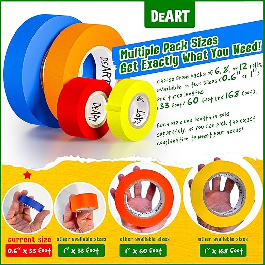 DEART Colored Masking Tape Painters Tape Writable 12 or 8 Pack 1 inch or 0.6 Inches for Arts & Crafts Labeling Coding Whiteboard Thin Paper Tape Craft Supplies Wire Management Scrapbook