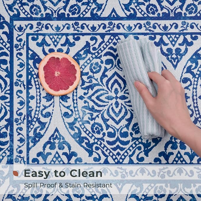 FRESHMINT 2 Piece Set Boho Kitchen Mats for Floor Bohemian Distressed Anti Fatigue Kitchen Rugs Vintage Farmhouse Cushioned Kitchen Runners for Standing Waterproof & Non-Skid Comfort, Sea Blue