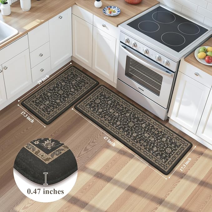KIMODE Kitchen Floor Mats Anti Fatigue,Cushioned Kitchen Sink Rug | 17.3"x47"+ 17.3"x29",Dark Grey,Memory Foam Ergonomic Standing Mat Waterproof for Laundryroom Sink Home Office