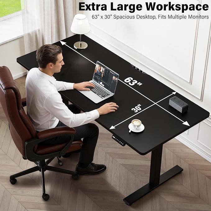 Electric Standing Desk, 63 x 30 Inch, Classic Black | Extra Large Desktop, Adjustable Height, Sit to Stand, Home Office Workstation, Supports Dual & Triple Monitor