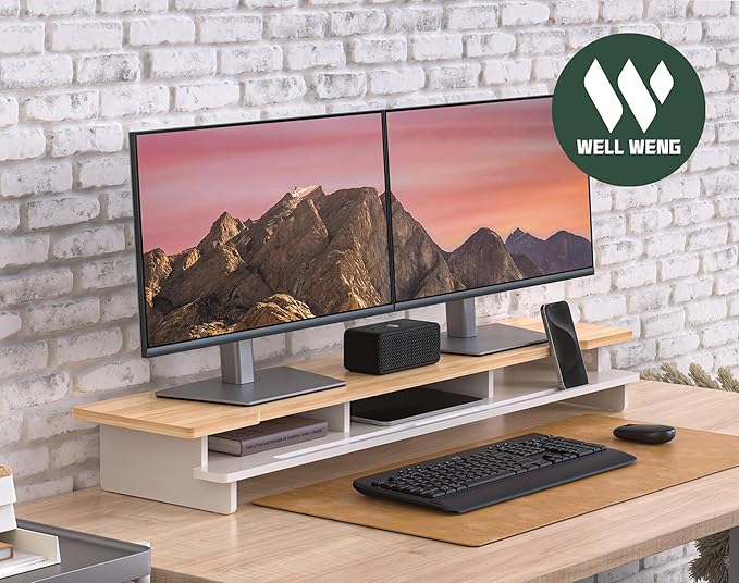 42.5" Dual Monitor Stand Riser with Phone Holder Desk Shelf White | Double Computer Monitor Stand for 55-72" Desk Wood Storage Organizer Cozy Computer Setup Workplace Organizer Keyboard Storage