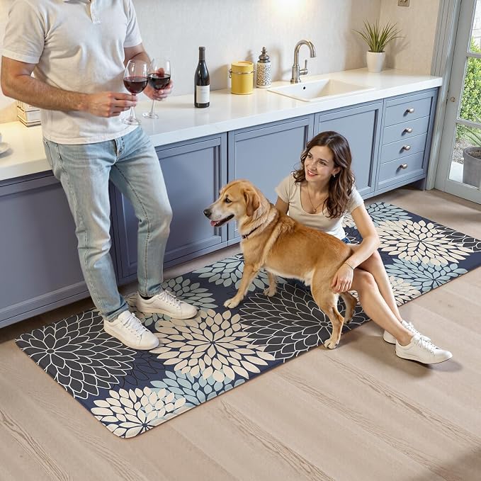 KIMODE Kitchen Mats for Floor Anti Fatigue Cushioned Long Kitchen Rugs | 24"x71"Blue, Floral,Farmhouse,Waterproof Kitchen Mat ,Comfort Standing,Wipe Clean,Kitchen Runner Rug Laundry Sink Floor