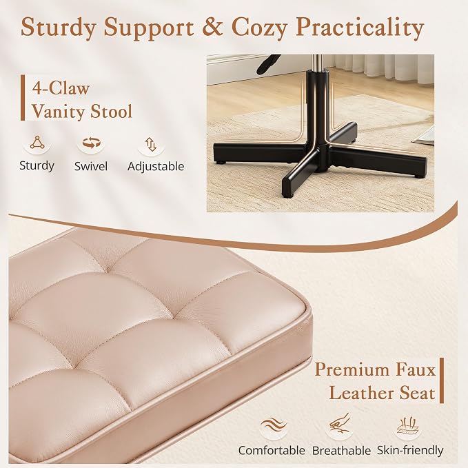LUE BONA Adjustable Vanity Stool, 15''-19.5'' Foot Rest Under Desk, 360° Swivel Vanity Chair for Makeup Room, Rose Gold Upholstered Faux Leather Ottoman for Bathroom & Living Room, 300lbs