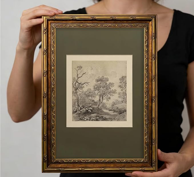 Vintage Gold Framed Wall Art Tree Forest Landscape Painting Canvas Prints Green Gray Tree Natural Sketch Picture Rustic Farmhouse Poster Artwork for Living Room Bedroom Bathroom, 12x16in