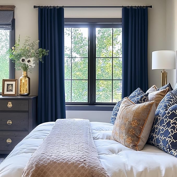 INOVADAY 100% Blackout Curtains for Bedroom, Black Out Curtains 80 Inch Long, Clip Rings Linen Blackout Drapes, Thermal Insulated Room Darkening for Living Room, 2 Panels - Midnight Blue, W50xL80
