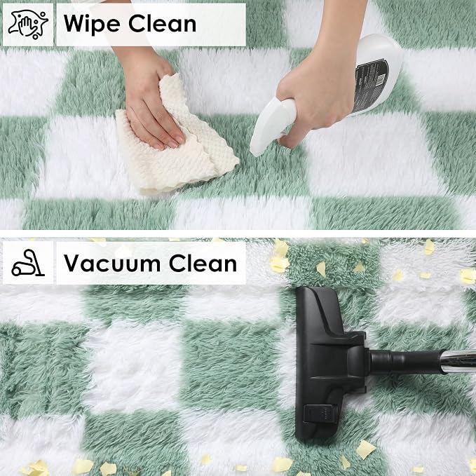 KICMOR Rugs for Bedroom Living Room, 3x5 Fluffy Soft Checkered Shag Area Rug Fuzzy Shaggy Plush Bedside Small Carpet, Sage Green and White Rug for Kids Boys Girls Dorm Nursery Home Decor Aesthetic