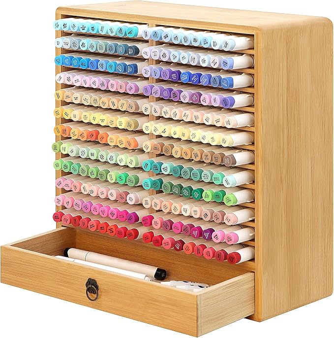 Marker Organizer, 24 Slots Wooden Storage for Up to 216 Markers with Drawer | Art Supply Alcohol Pen Storage Desktop Bamboo Marker Holder,Keeping Color Visible,Easy to Reach in Home Office and Classroom.