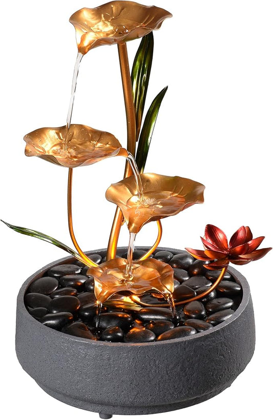 Indoor Tabletop Fountain Exquisite Meditation Desk Water Fountain Decorative Zen,4-Tier Lotus Desk Fountain,Home/Office Decor Housewarming Gift for Mom（23154）