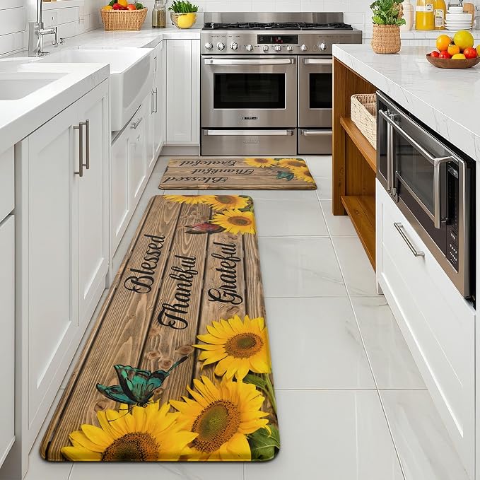 MAYHMYO Sunflower Kitchen Decor Mat Set, 2PC Kitchen Mats, Anti Fatigue | Sunflower Pattern,Cushioned comfort,Non-slip backing,Soft Underfoot,Easy to clean,Water-resistant,Kitchen,Laundry
