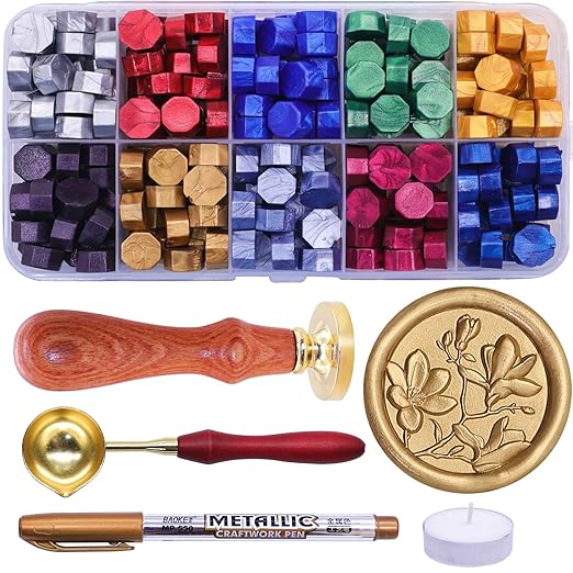 SWANGSA 3D Magnolia Wax Seal Stamp Kit with 200pcs Sealing Wax Beads, Great for Embellishment of Wedding Invitations, Wine Packages, Gift Wraps