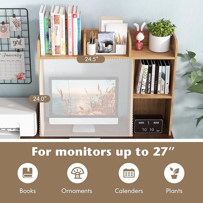 Tangkula Desktop Bookshelf, Countertop Storage Hutch with 5 Shelves for Computer Desk, 3-Tier Display Rack, Multipurpose Wood Storage Organizer for Dorm Office Home