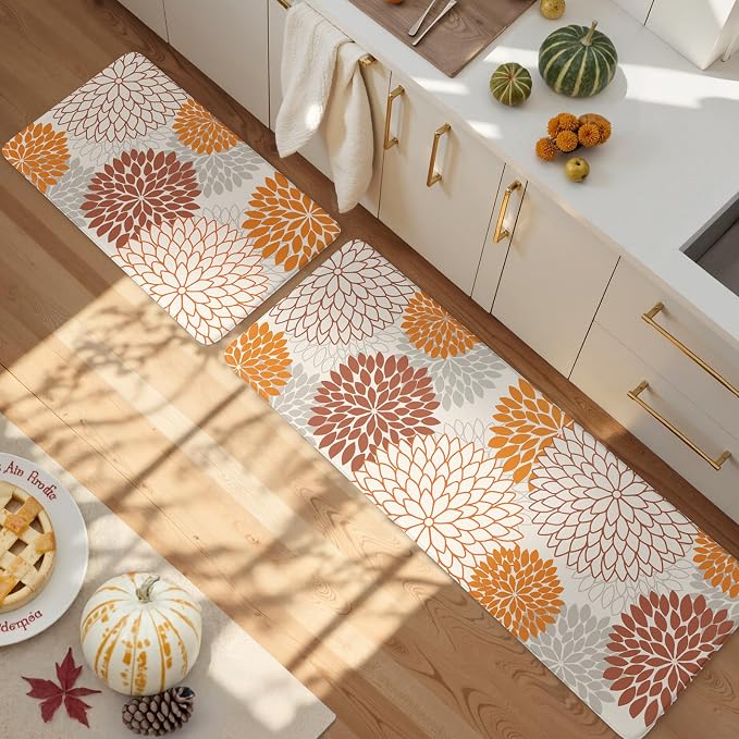 KIMODE Kitchen Mats for Floor Cushioned Anti Fatigue 2PCS Fall Kitchen Rugs | Dahlia Floral, 17"x47"+17"x29",Farmhouse Boho Floor Mats ,Non Slip,Waterproof,Comfort Desk Mat for Sink Office Laundry home
