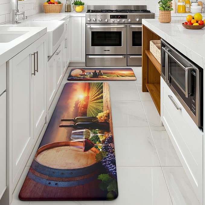MAYHMYO Wine Country Kitchen Decor Mat Set, 2PC Kitchen Mats, Anti Fatigue | Wine Country Design,Cushioned Comfort,Non-Slip Backing,Waterproof Surface,Soft Underfoot,Easy Clean,Sink,Laundry Room