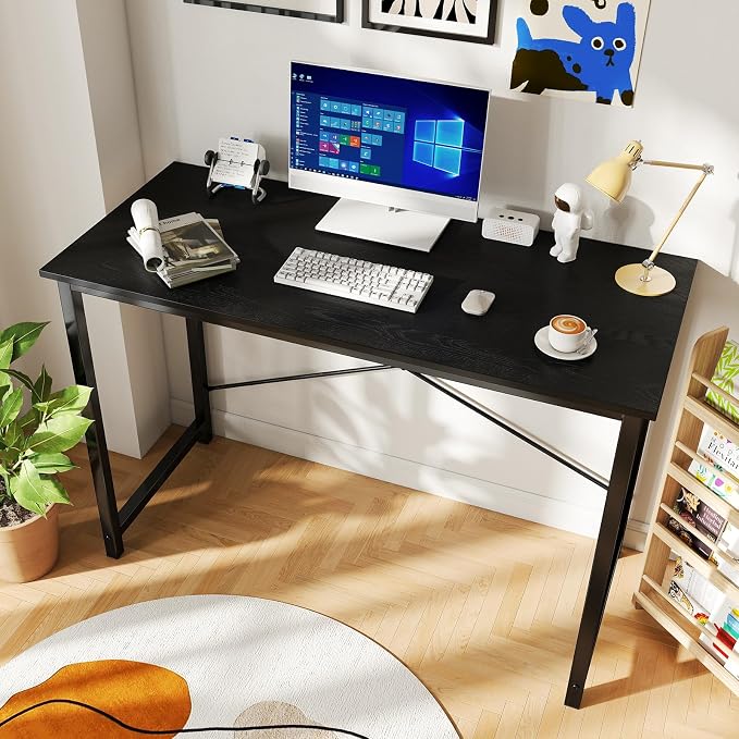DUMOS 44 in Computer Desk for Home Office, Modern Study Work Table Simple Style for Bedroom, Writing Desks with X-Shaped Reinforcement, Black