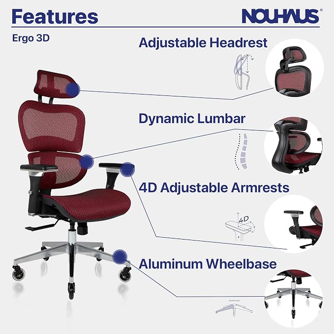 Nouhaus Ergo3D Ergonomic Office Chair Lumbar Support Mesh Office Chair with 4D Adjustable Armrest, Adjustable Headrest and Wheels, Mesh High Back Home Office Desk Chairs(Burgundy)