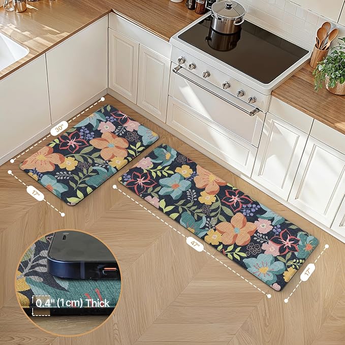 GENIMO Anti Fatigue Kitchen Mats for Floor 2PCS, Cushioned Standing Mats | 17.3"x47"&17.3"x30", Light Black vintage floral rug set, waterproof, non slip, easy-clean for farmhouse