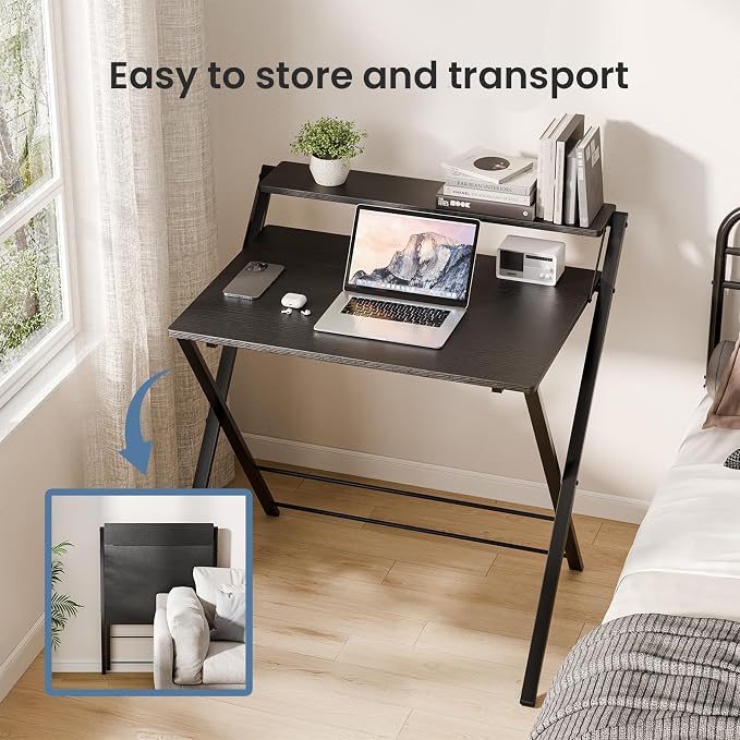 DUMOS Small Folding Desk with Shelf, No-Assembly Foldable Computer Desk for Tight Spaces, Portable Table for Bedroom, Home Office, Dorm or Apartment, Ink