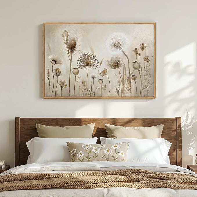 Framed Vintage Botanical Floral Wall Art, Neutral Rustic Flower Canvas Artwork for Modern Farmhouse, Minimalist Wildflower Dandelion Painting Prints for Living Room Bedroom Kitchen Dining room, 24x36