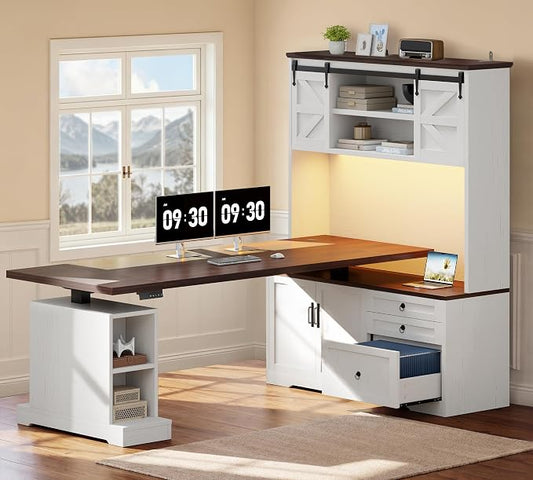 71" LED L Shaped Standing Desk with Hutch and Drawers, Farmhouse | Height Adjustable Corner Desk, Sit Stand Office Deskwith 4 AC Outlets & Type C, Executive Computer Desk with Cabinet, White