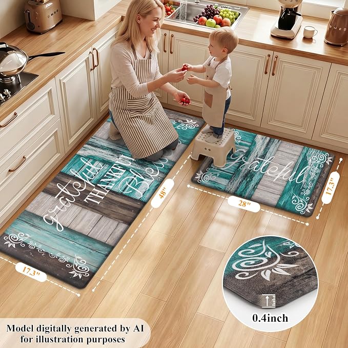 HEBE Anti Fatigue Kitchen Mat Set of 2, Cushioned Kitchen Mats for Floor | Non Slip Waterproof Kitchen Rug and Runner Set, Farmhouse PVC Foam Comfort Mat Floor Carpet for Sink, Standing Desk, Laundry