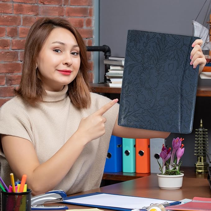 Dark Blue Embossed Portfolio Binder,Padfolio for Men and Women,Vegan PU Leather Padfolio with Zipper,A4 Planner Folder with Laptop Pocket, WorkBinder Organizer for Resume/Interview