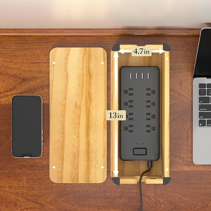 Delamu Wooden Cable Management Box, Retro-Inspired Cord Organizer Box for Home Office, Large Cord Hider Box Hides Floor Cord and Power Strips, Floor Cord Covers, 14.3" x 6.0" x 5.5", Light Wood Color