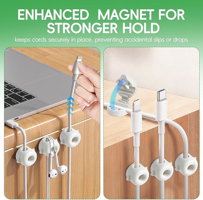 8-Pack Magnetic Cable Management Clips for home office desk, Cord organizer | reusable, strong adhesive, silicone wire staples keeper, stick-on wire holder clamps, work on wall, nightstand, car dashboard