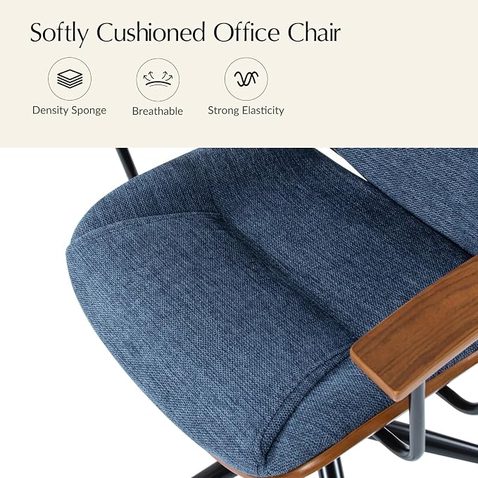 HULALA HOME Solid Wood Office Chair with Tilt Function & Metal Base, Navy | Mid Century Modern Desk Chair with Bent Wood Frame, 360° Swivel Fabric Computer Task Chair, Height Adjustable