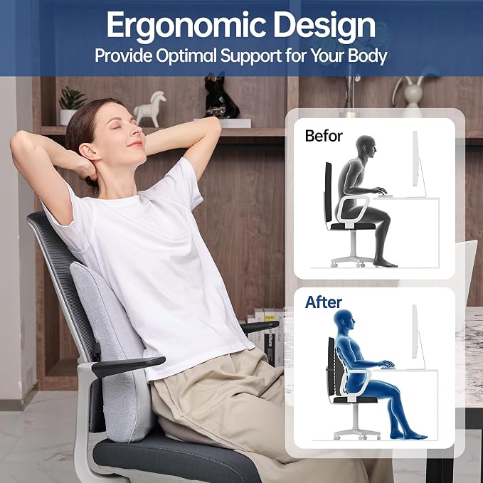 Plush & Comfortable Memory Foam Lumbar Support Pillow - Soft Back Cushion for Office Chair, Car Seat, Gaming Chair - Ergonomic Lower Back Pain Relief with Adjustable Straps & Washable Cover-Light Grey