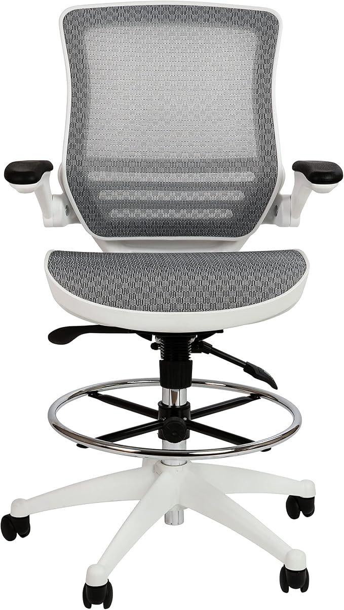Flash Furniture Waylon Mid-Back Swivel Office Chair with Adjustable Foot Ring and Seat Height, Ergonomic Mesh Chair with Armrests, Gray/White | White Frame, Mid-Back, Flip-Up Arms, Mesh Back