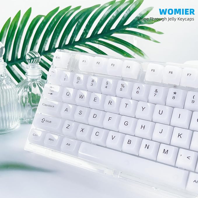 Womier Keyboard Keycaps Jelly, Cute White Keycaps 60 65 75 100 Percent, Transparent Clear Custom Key Cap Set for Cherry MX, Kailh, Outemu, Gateron Mechanical Keyboards(MDA Profile)