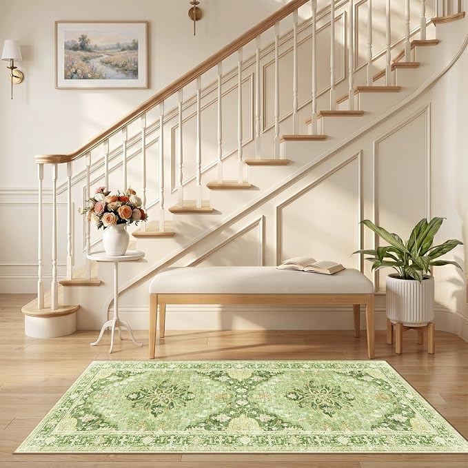 RELEANY Area Rugs Runner 2'6"x5' Washable Non-Slip, Floral Vintage Distress Medallion Carpet for Kitchen Hallway Bedroom Beside Laundry Room Bathroom, Sage Green Yellow
