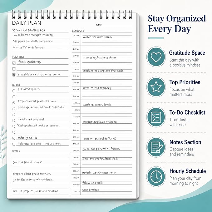 24 Hour Daily Planner with To Do List for Work & Personal Life,105 Days Undated Daily Task Planner with Hourly Schedule, Priority & To Do List Organizer, Top Spiral Bound Daily Planning Pad for Home Office Use,Student,Housewife, No Bleed Everyday Plann...